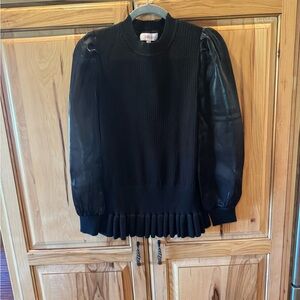 Women's Black Crewneck Sweater with Sheer Puff Sleeves